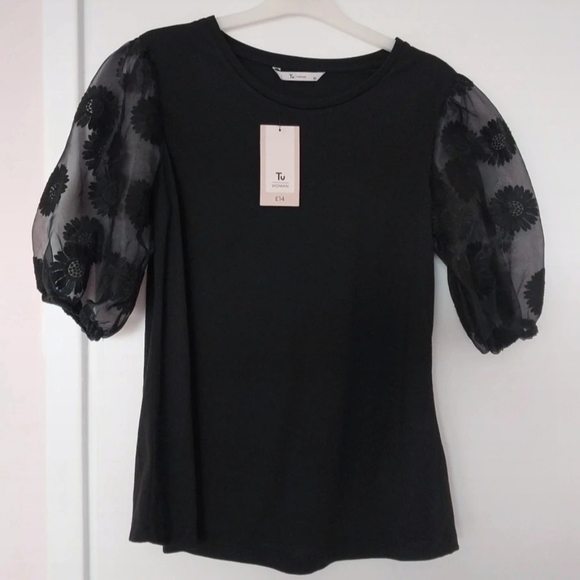 Tu woman black sunflower puff sleeve mesh blouse top shirt - 10 - Picture 3 of 4